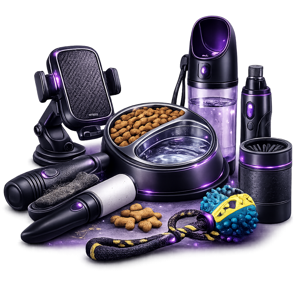Premium pet supplies collection featuring a dual pet food and water bowl, portable pet water bottle, grooming brush, paw cleaner, pet nail grinder, interactive chew toy, and pet care accessories with luxury purple accents.