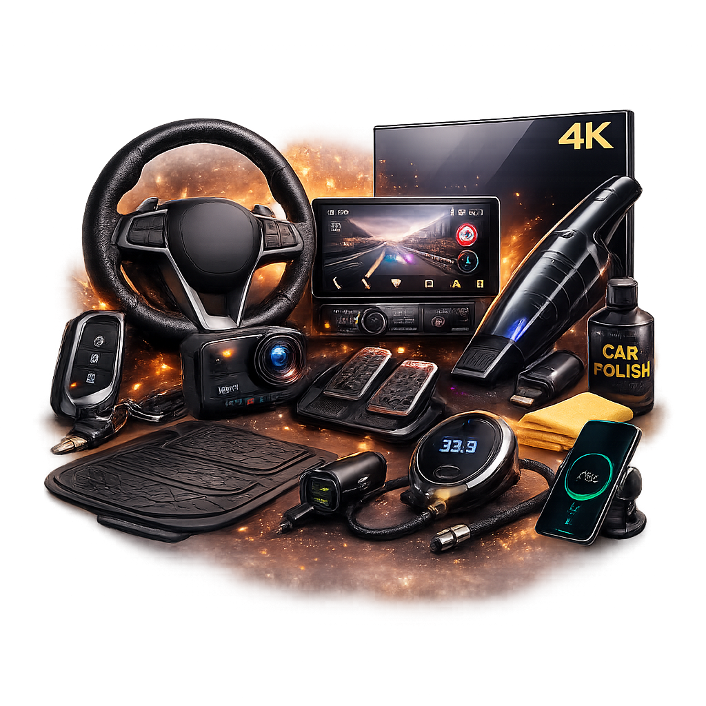 Premium car accessories collection featuring a car seat cover, dashboard camera, wireless phone holder, portable tire inflator, handheld vacuum cleaner, fast USB car charger, ambient LED lighting, and smart car organizer with luxury purple accents.