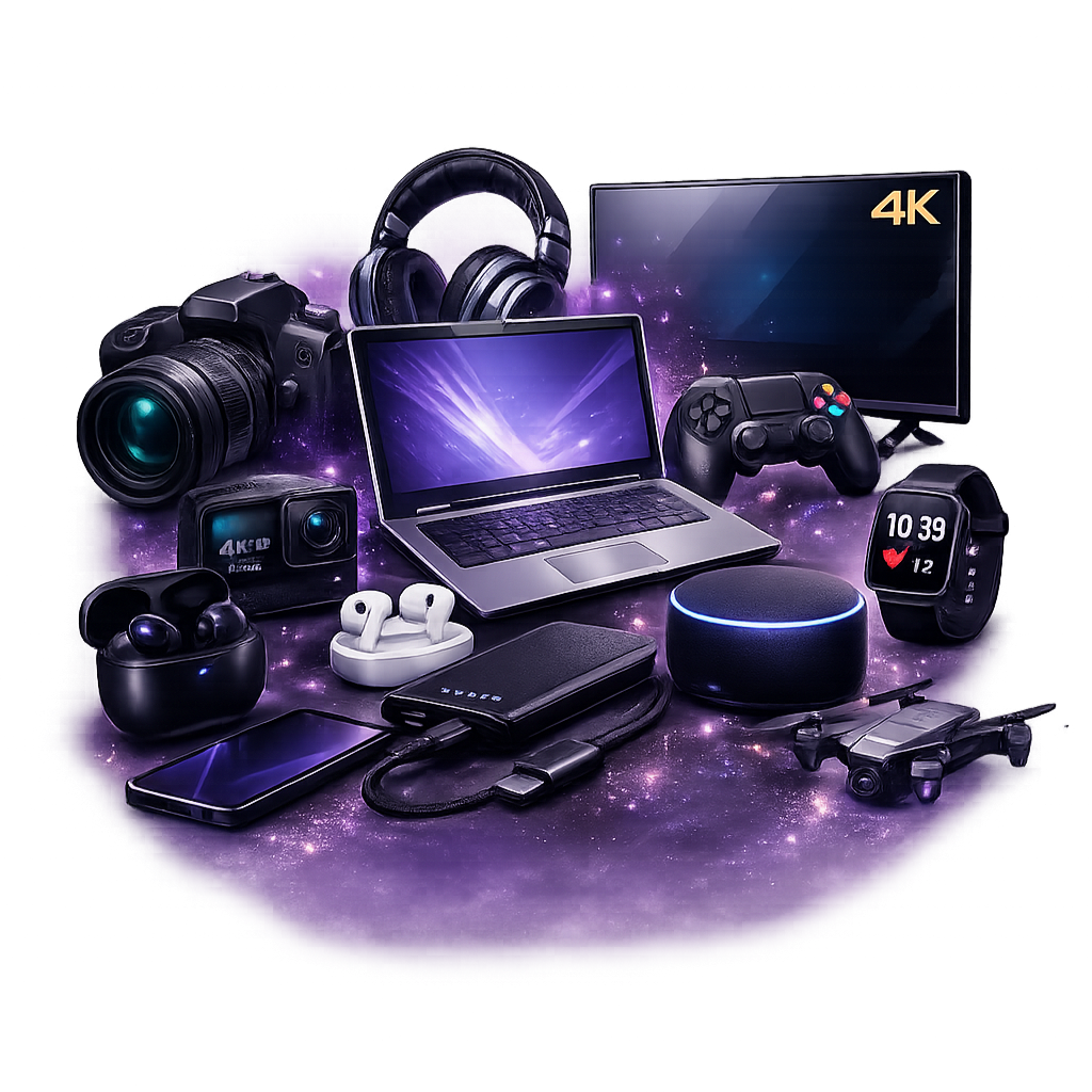 Premium gadgets and electronics collection featuring a laptop, smartphone, wireless earbuds, smartwatch, drone, camera, gaming controller, smart speaker, action camera, and power bank with luxury purple glow on a transparent background.