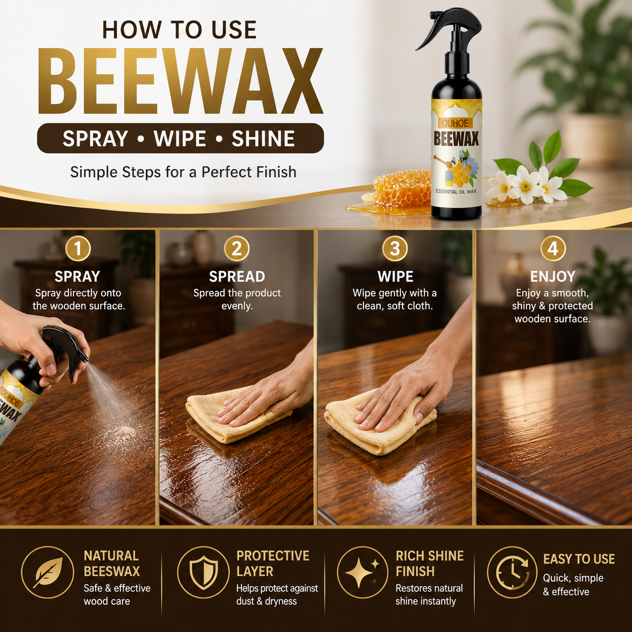 BeeWax Wood Polish Spray (Buy 1 Get 1 Free) – Restore Shine & Protect Wooden Furniture