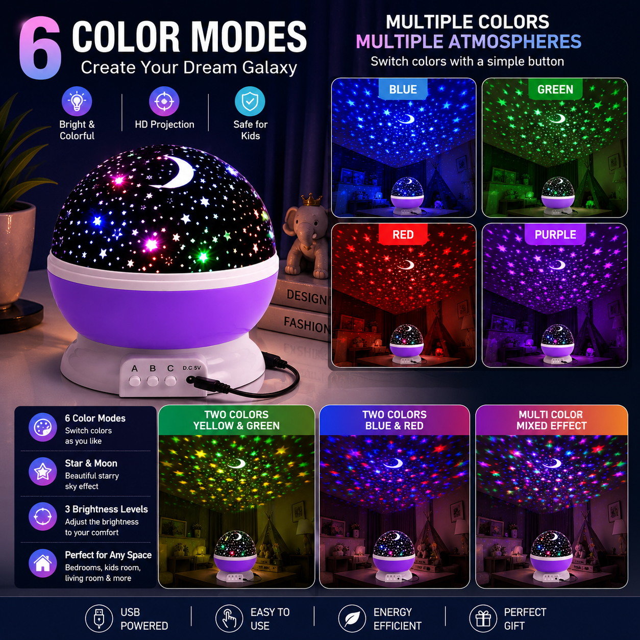 🌙 Dinosaur Egg Galaxy Projector Night Light