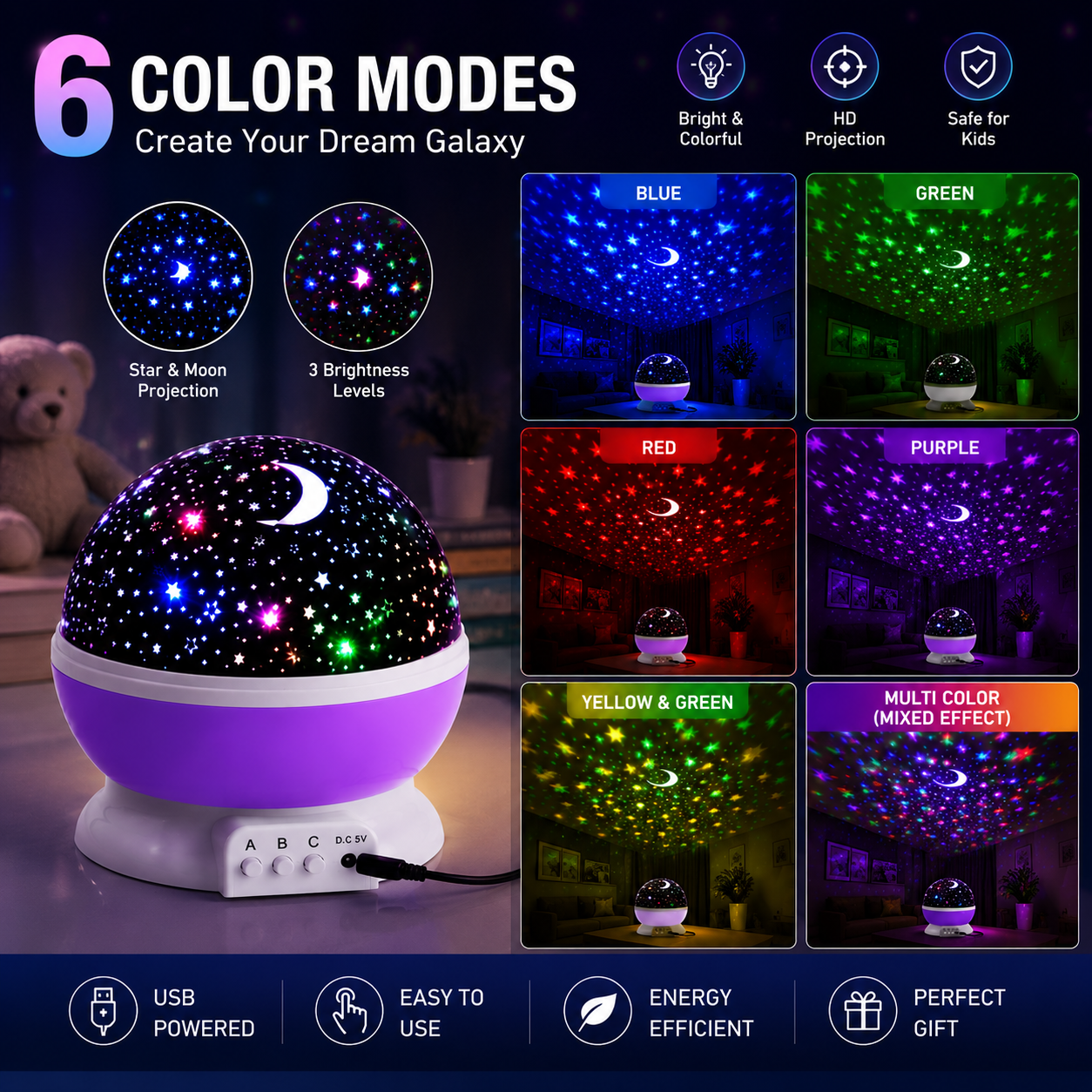 🌙 Dinosaur Egg Galaxy Projector Night Light