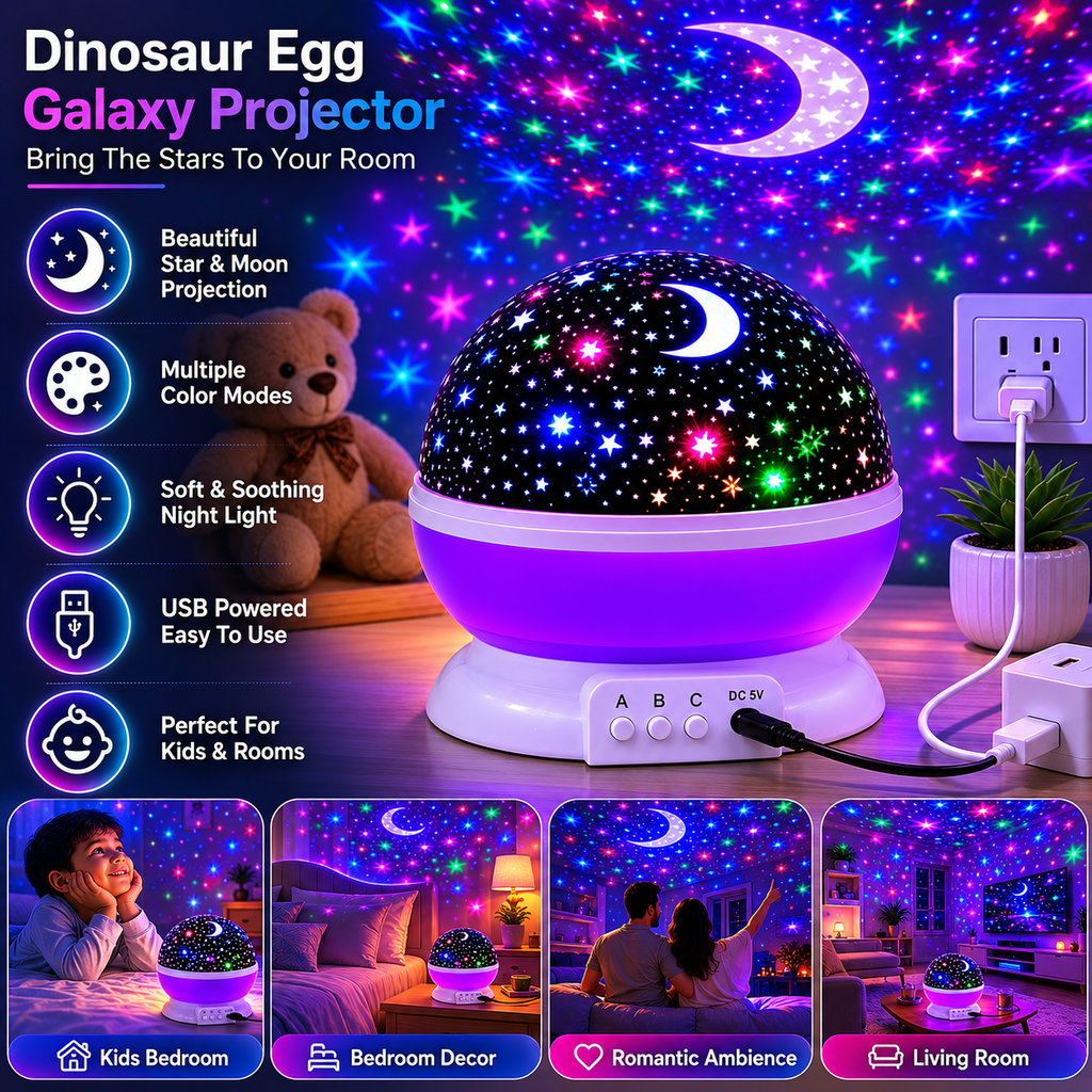 🌙 Dinosaur Egg Galaxy Projector Night Light