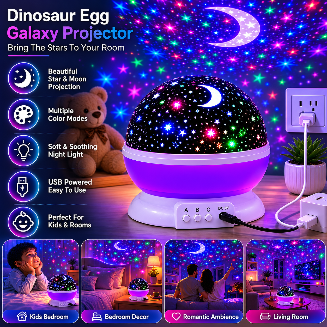 🌙 Dinosaur Egg Galaxy Projector Night Light