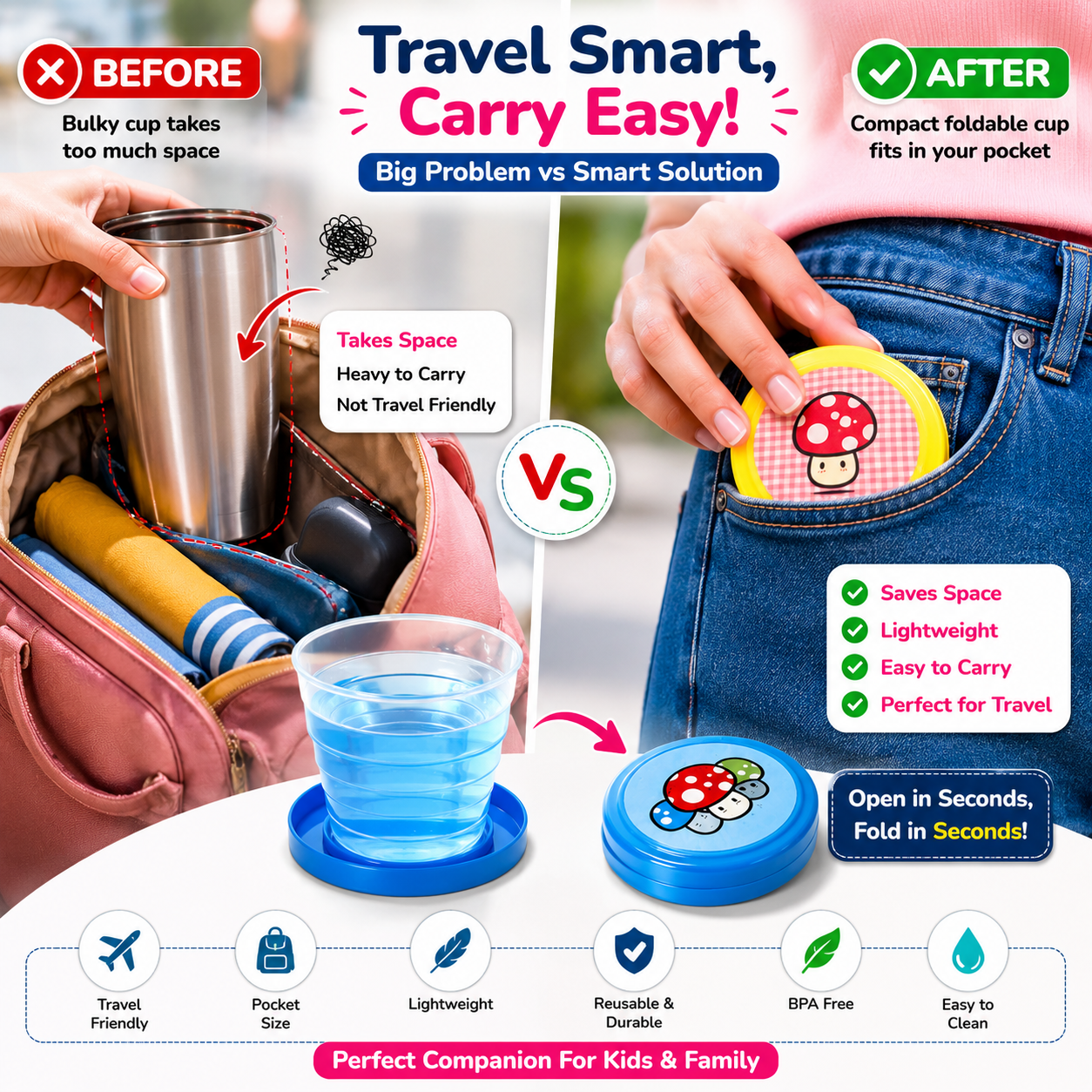 Multi Color Magic Foldable Portable Cups (Pack of 2) – Travel Friendly Collapsible Drinking Glass for Kids & Family