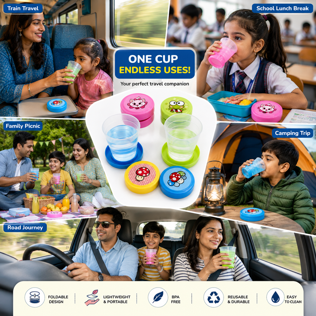 Multi Color Magic Foldable Portable Cups (Pack of 2) – Travel Friendly Collapsible Drinking Glass for Kids & Family